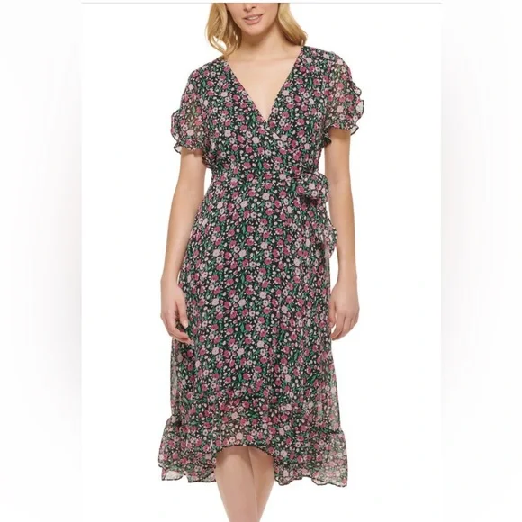 Karl Lagerfeld Paris Floral Short Sleeve Chiffon Faux Wrap Dress - Picture 1 of 8